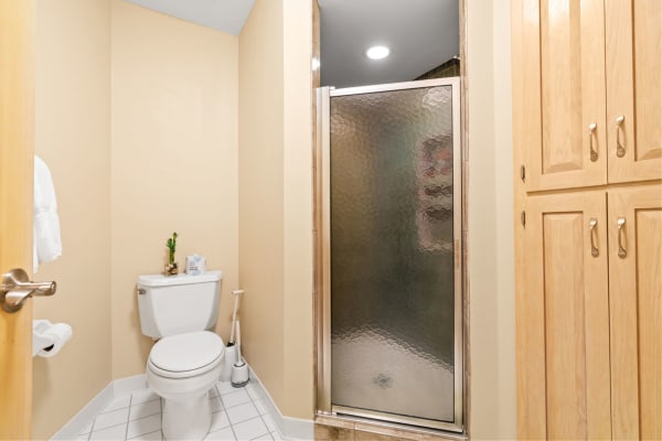 Small bathroom with a white toilet, glass shower door, and wooden cabinets.