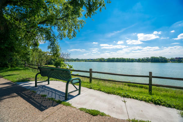 Lakeside scene with a green bench, trees, and a blue sky.