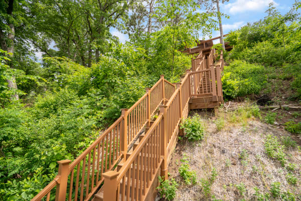 Wooden staircase flanked by green foliage leading up a hillside.