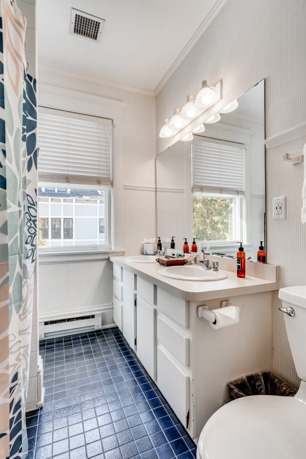 A well-lit bathroom with two sinks, a mirror, and a shower curtain featuring blue patterns.