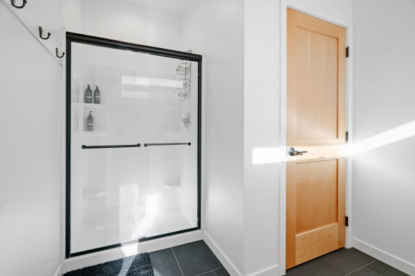 Interior of a modern bathroom with a glass shower enclosure and wooden door.
