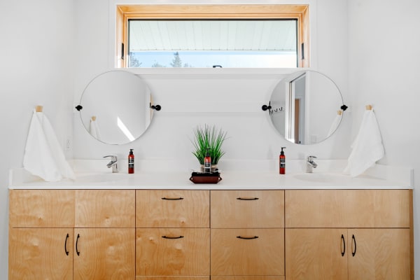 Modern bathroom with wooden vanity, two circular mirrors, and natural light.
