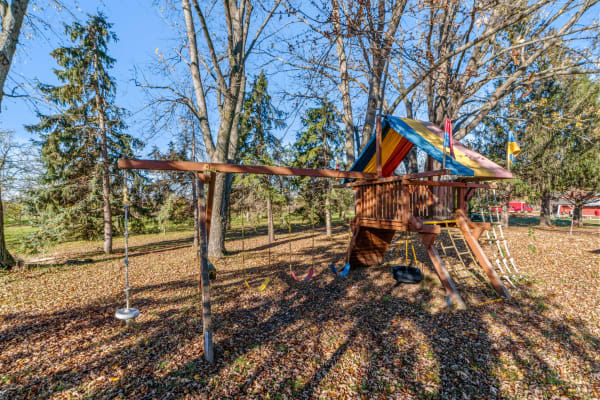 Colorful wooden playset with swings, tire swing, and treehouse surrounded by autumn leaves and trees.