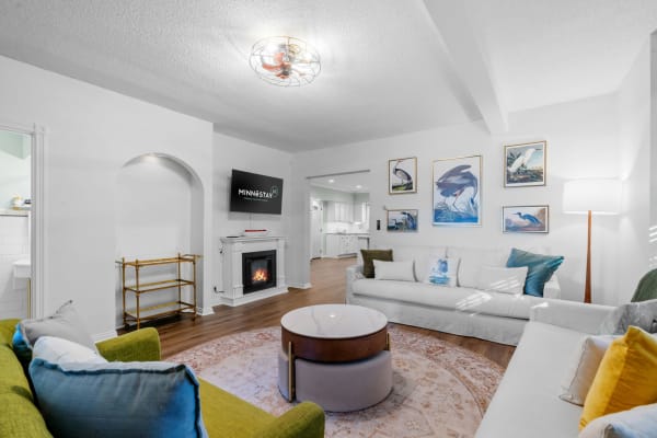 Modern living room with a fireplace, TV, and artistic bird prints on the wall.