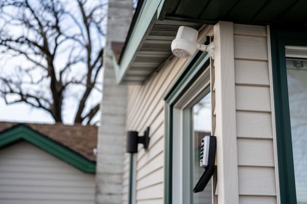 Close-up of a home's exterior showing a motion sensor camera and a combination lock box.