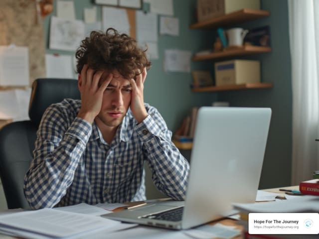 A person at a desk looking stressed and overwhelmed