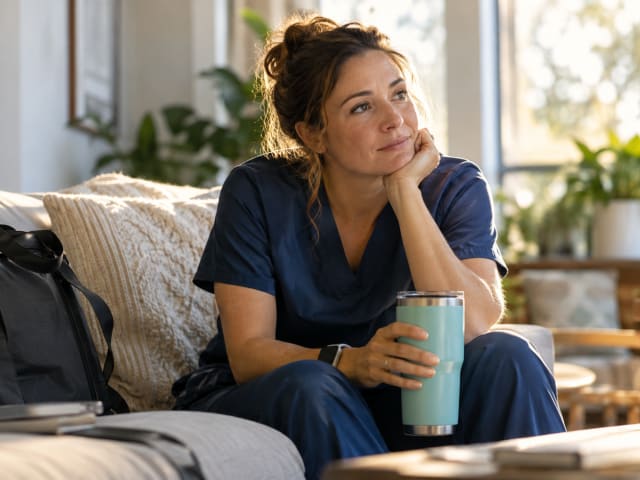 A woman in scrubs sitting on a sofa with a mug, lost in thought