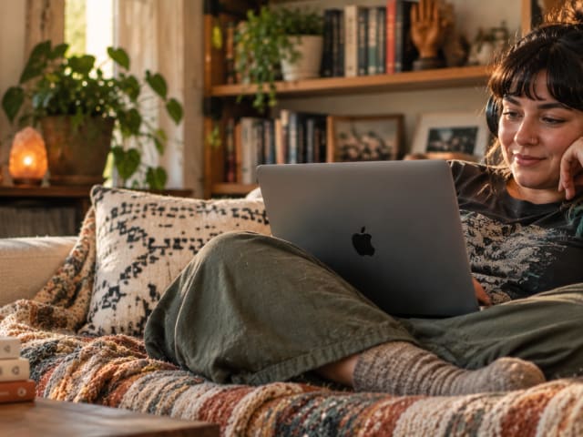 A woman with headphones on a couch with a laptop in a cozy living room