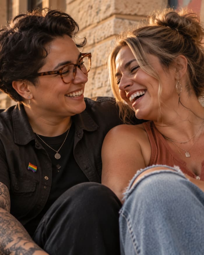 Two smiling women sitting on steps in front of a colorful mural in Austin, Texas
