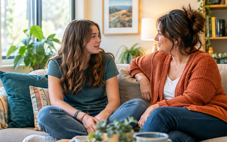 A teen in a quiet conversation in a cozy living room