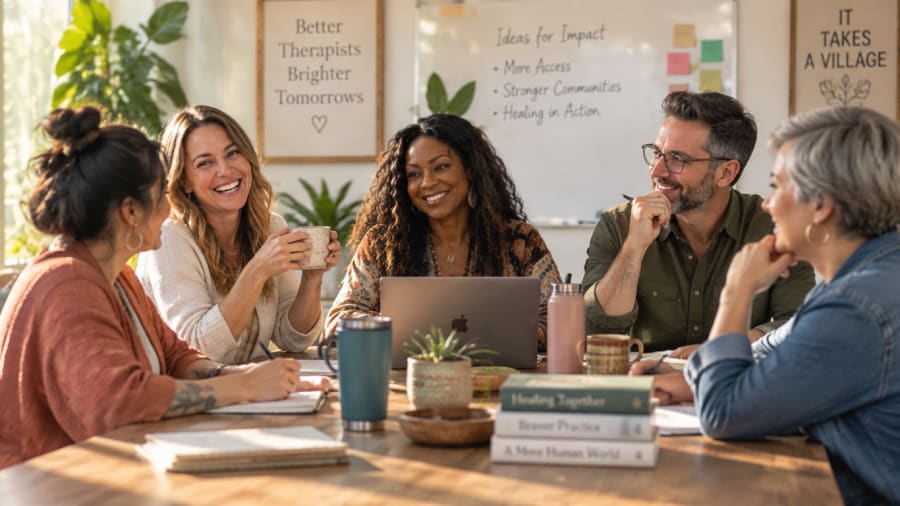 Therapists in discussion around a table in a bright room