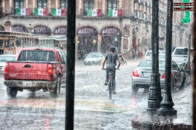 Heavy rain on biker