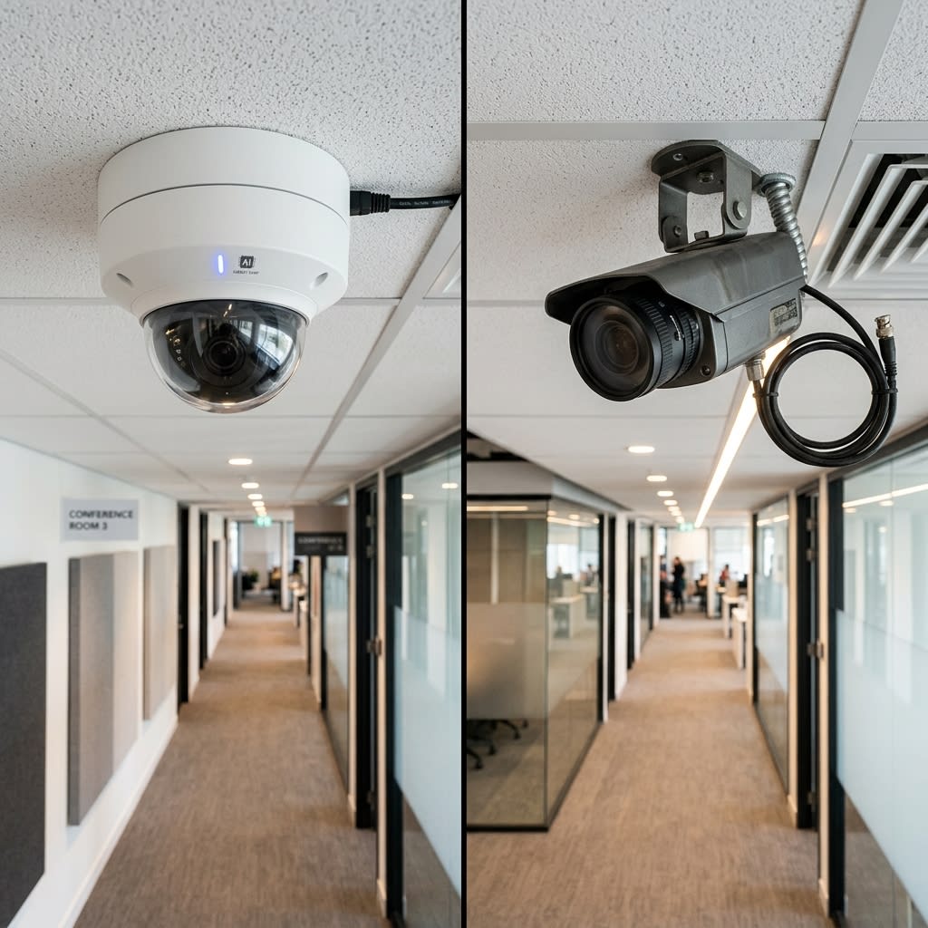 AI cameras and analog cameras are installed side-by-side in the company office.