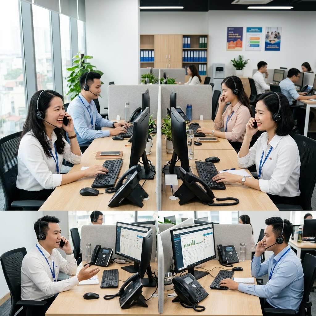 Customer service representatives work with the IP call center system in the office.