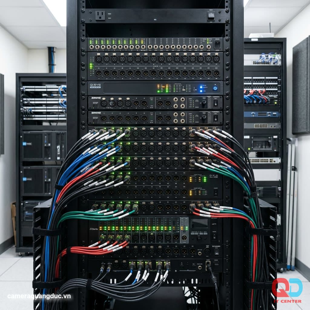 Bộ điều khiển matrix audio trung tâm với nhiều kênh tín hiệu trong phòng kỹ thuật