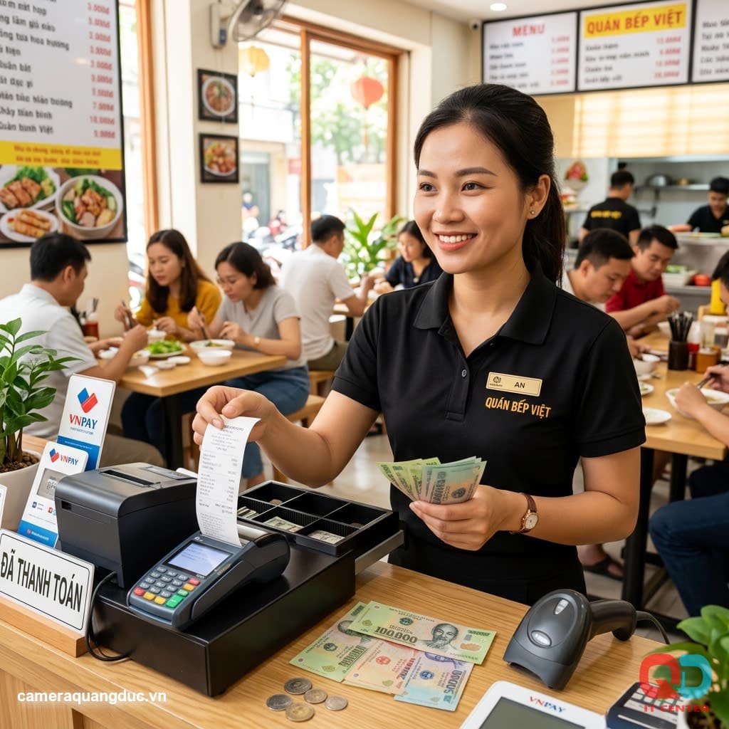 Nhân viên thu ngân kiểm tra hóa đơn in ra từ máy in bill nhiệt