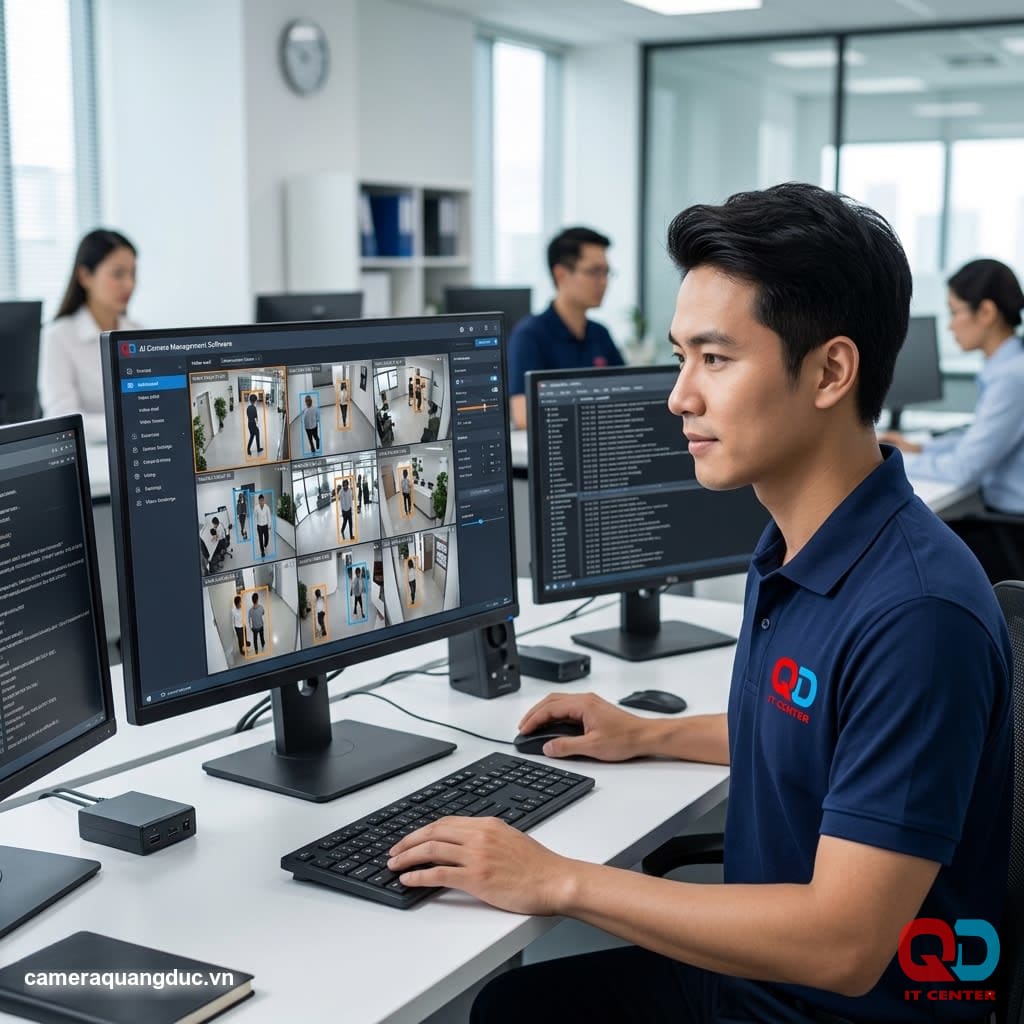 Technician Quang Duc configures the AI camera management software on the computer.