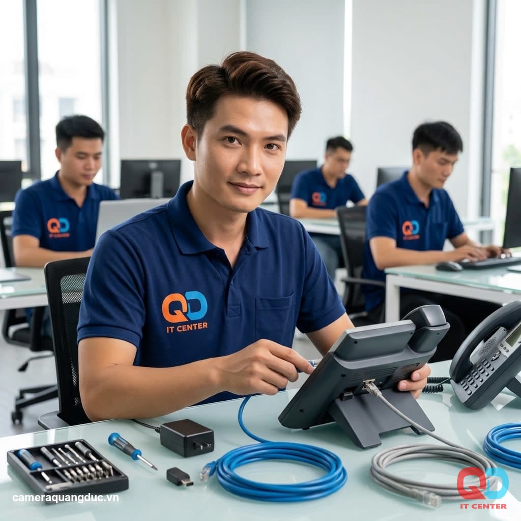 Technician Quang Duc installed and configured the IP PBX system in the customer service department.