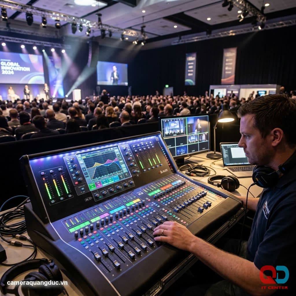 Digital mixer for controlling auditorium sound systems.