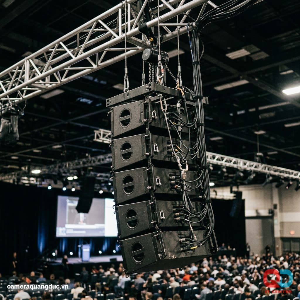 Line array speaker system installed in a corporate event hall.