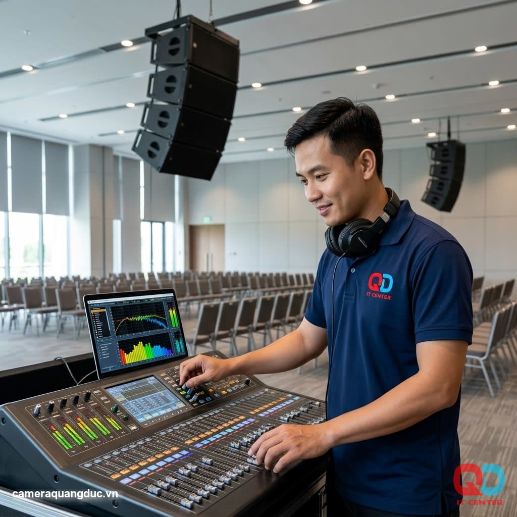 Technician Quang Duc checks and adjusts the sound system before the event.