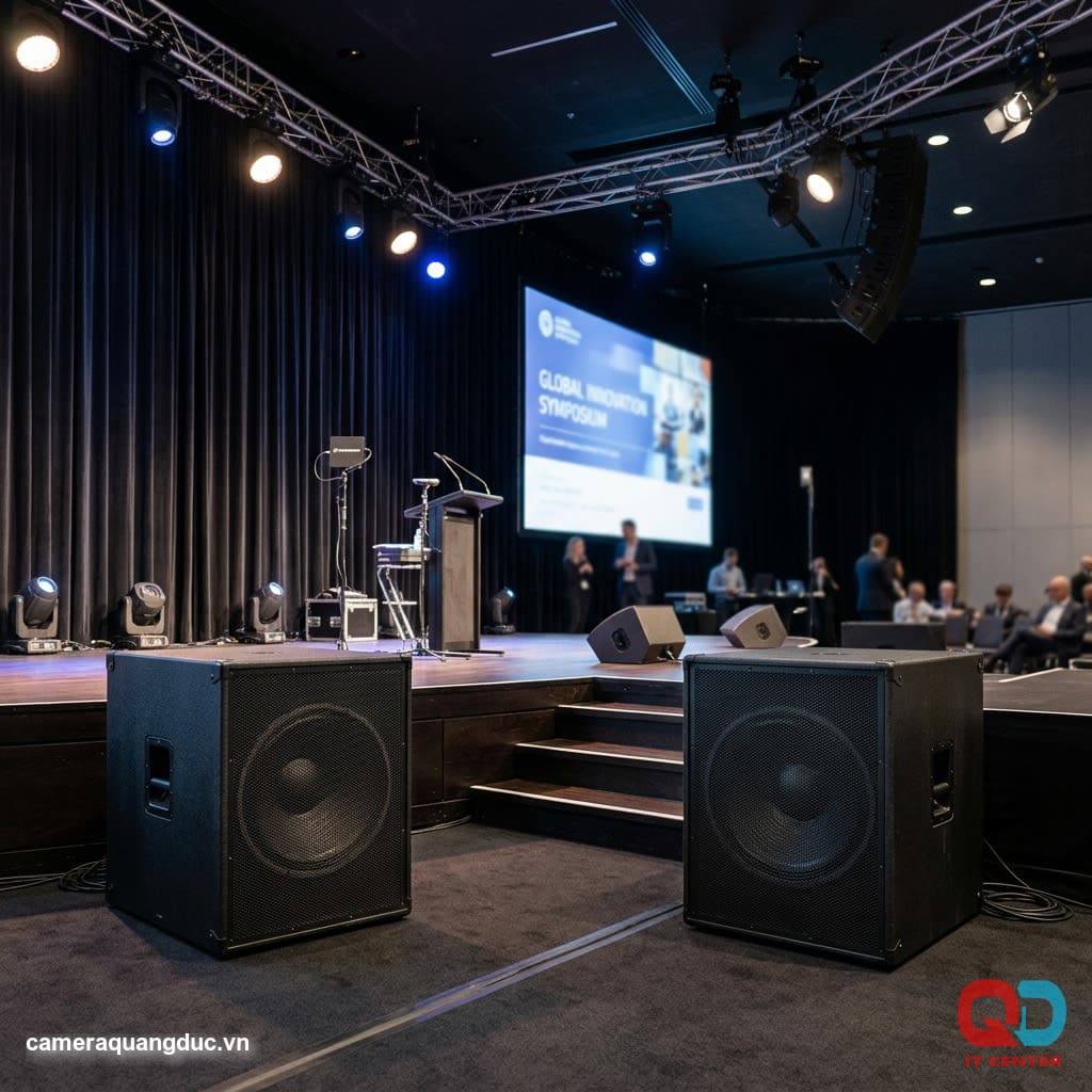 18-inch subwoofers are positioned on either side of the auditorium stage.