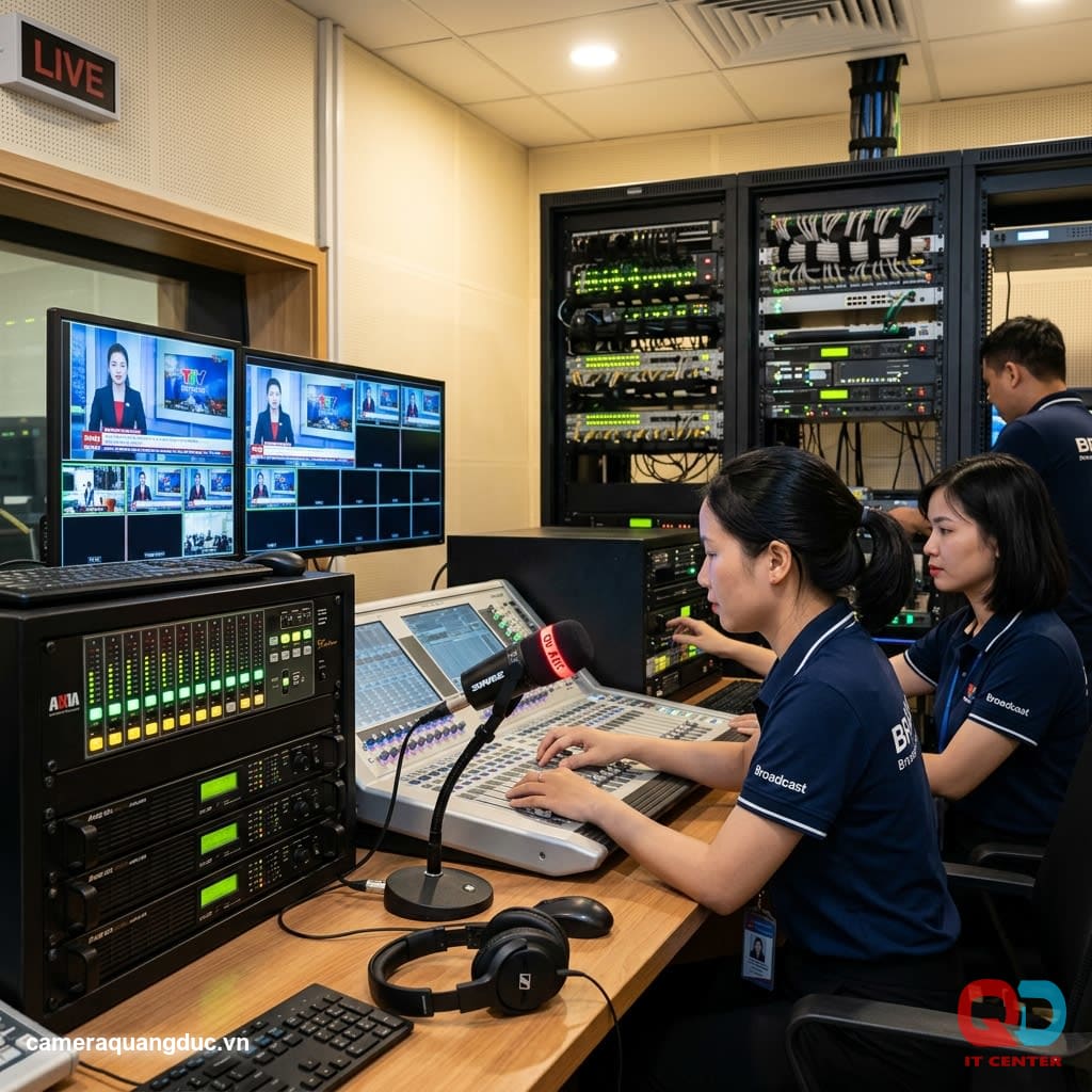 Phòng phát thanh trung tâm với thiết bị matrix mixer và micro cổ ngỗng