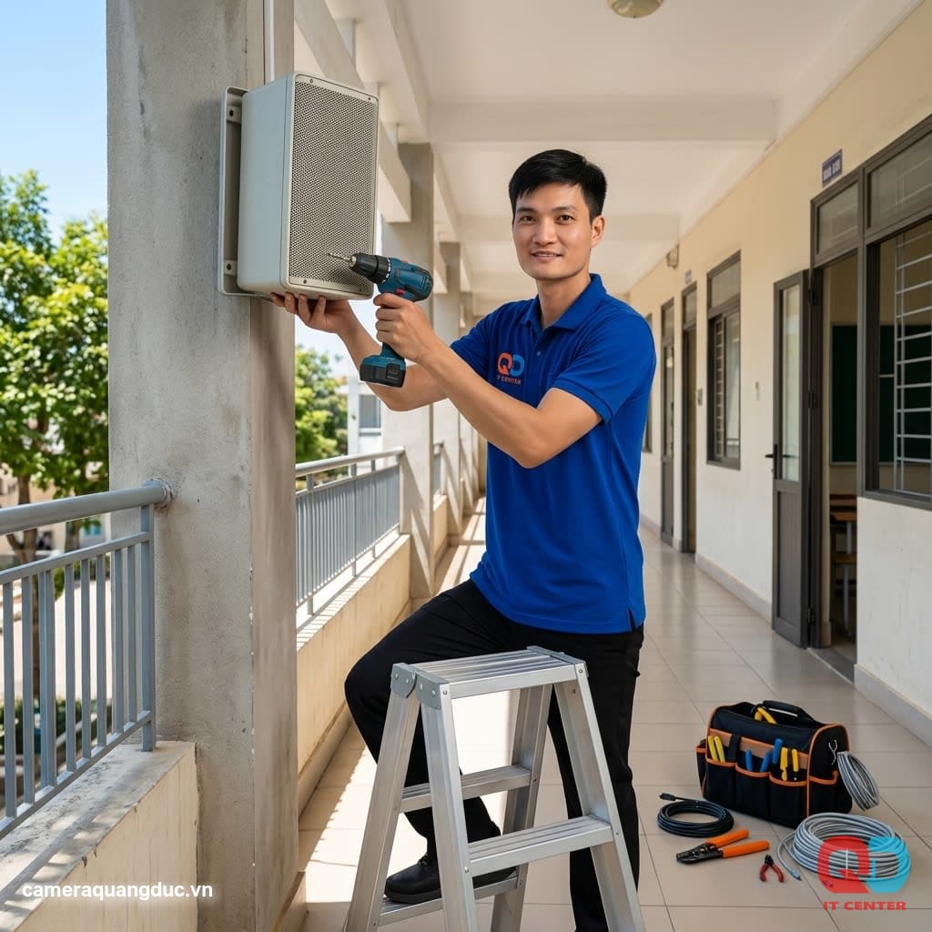 Kỹ thuật viên Quang Đức lắp đặt loa hộp hệ thống âm thanh thông báo tại hành lang trường học