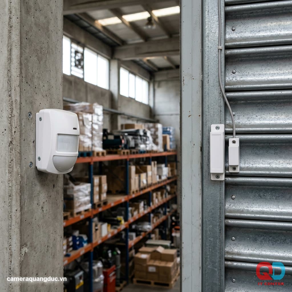 PIR sensors and magnetic door sensors are installed in the warehouse.