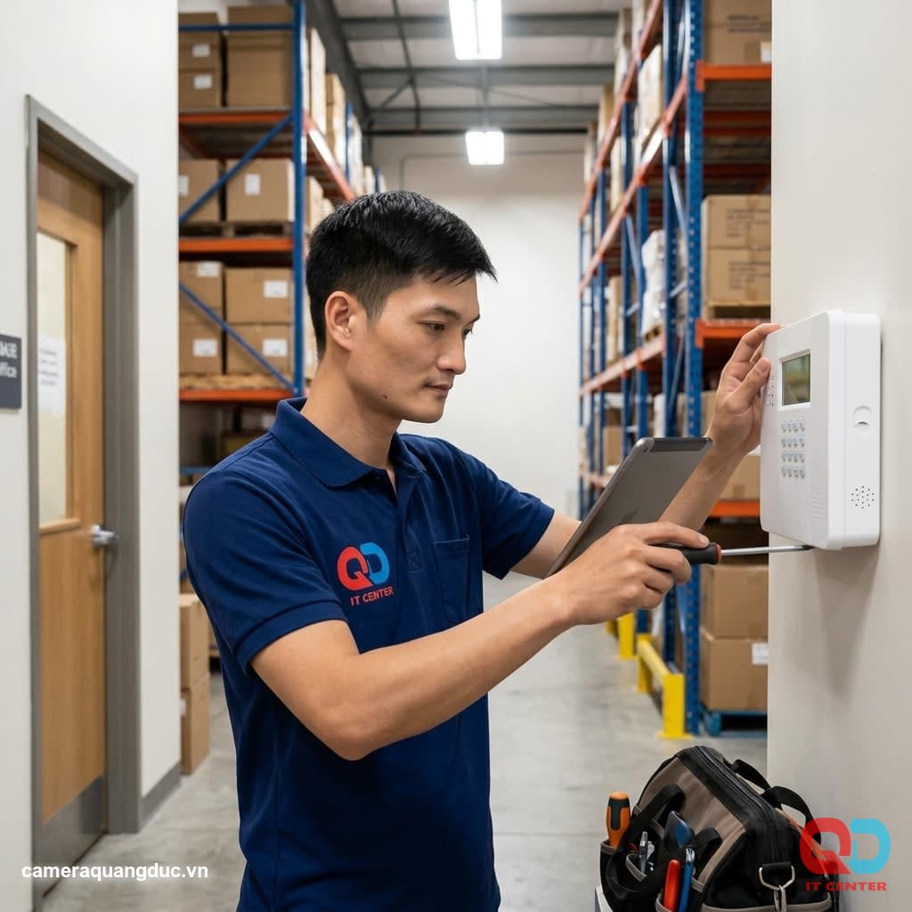 Technician Quang Duc installs the central alarm system hub at the factory.