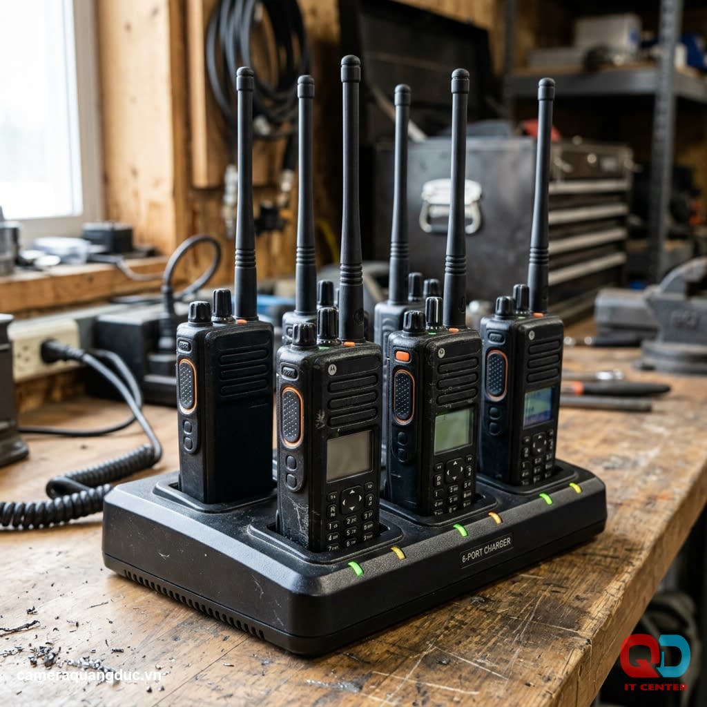 Industrial handheld radio, waterproof and dustproof, mounted on a charging base.