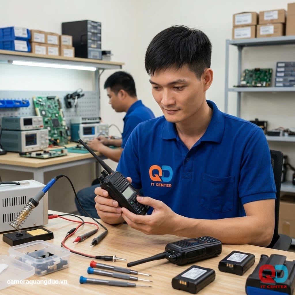 Technicians inspect the walkie-talkies before handing them over to the factory.