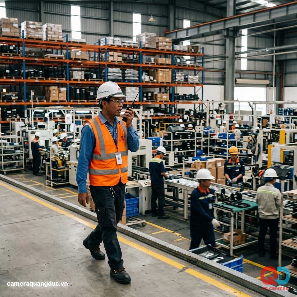 Workers use industrial walkie-talkies in the production workshop.