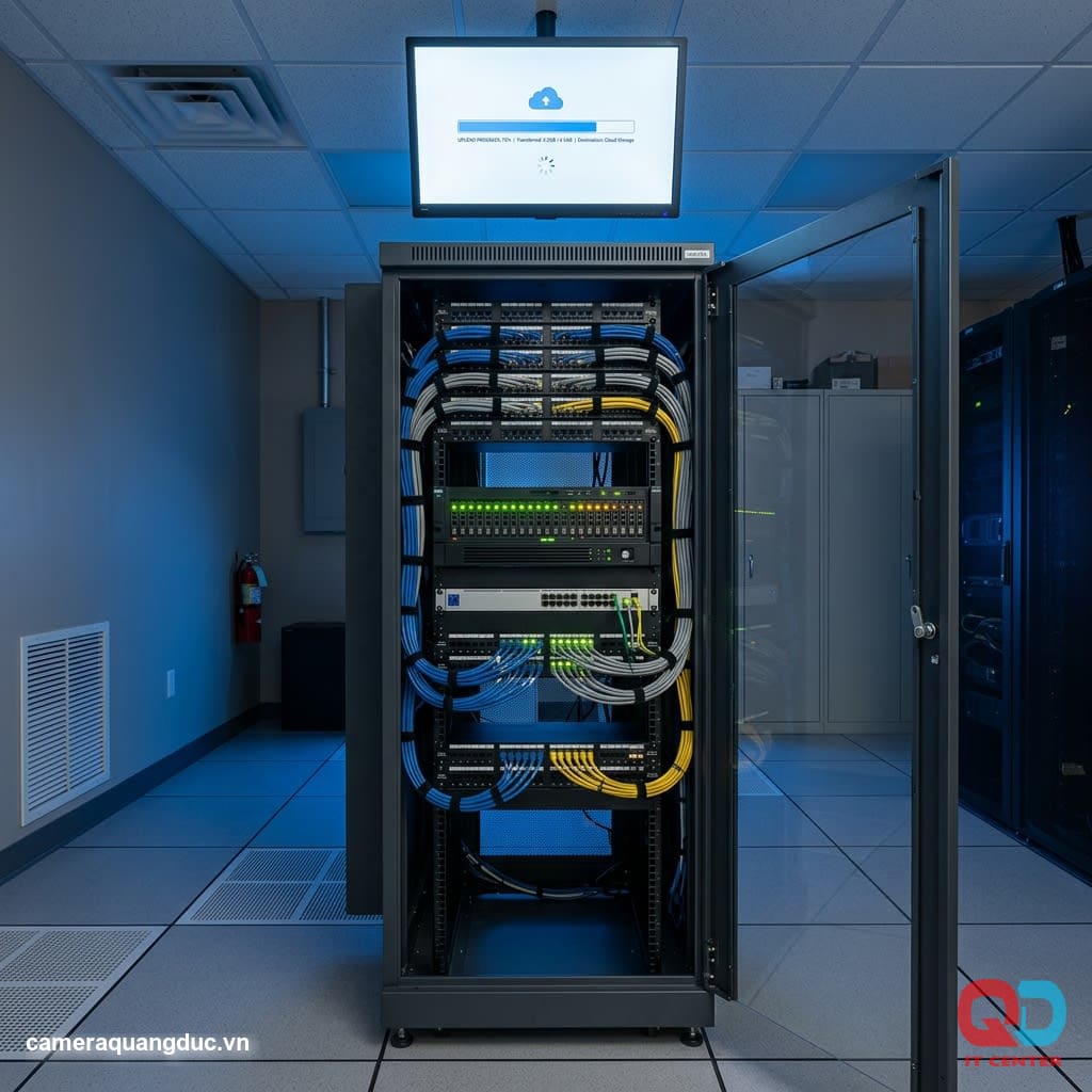 Phòng máy chủ với đầu ghi NVR và kết nối cloud backup