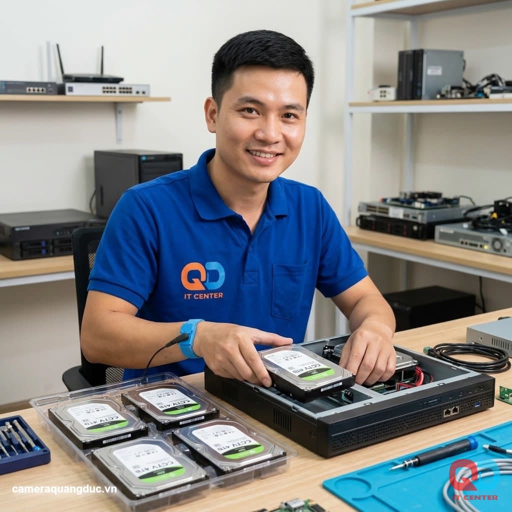 Kỹ thuật viên lắp ổ cứng surveillance-grade vào đầu ghi NVR