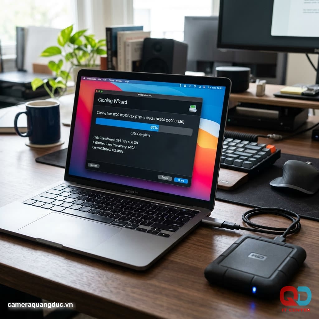 The process of cloning data from a hard drive to a new SSD on an office laptop.
