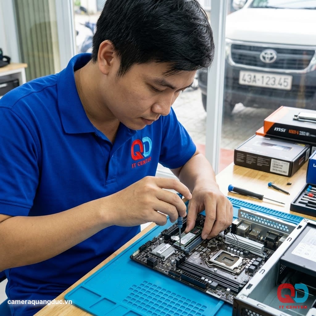 The technician installs an NVMe SSD into the M.2 slot on the motherboard.