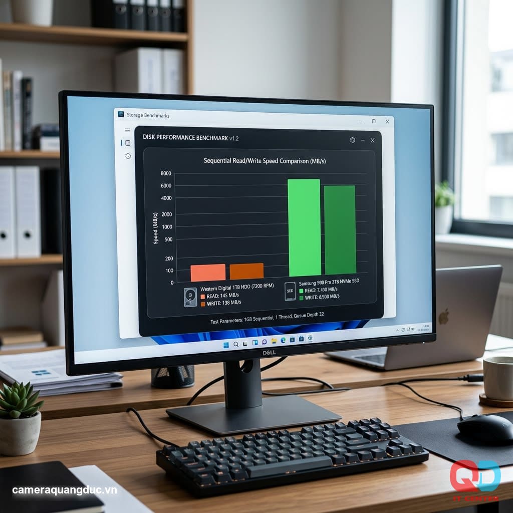 Comparing HDD and NVMe SSD speeds on a benchmark screen.