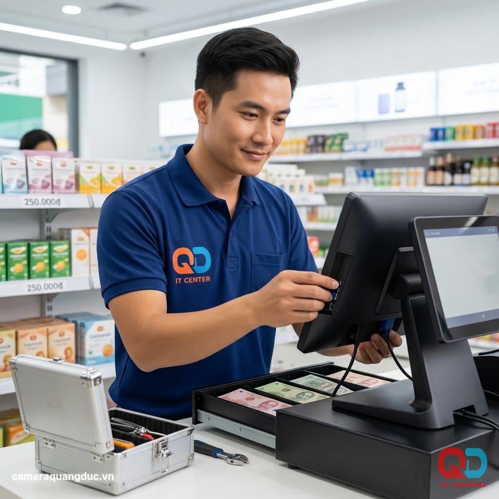 Technician Quang Duc installs a POS system at the retail store's cashier counter.