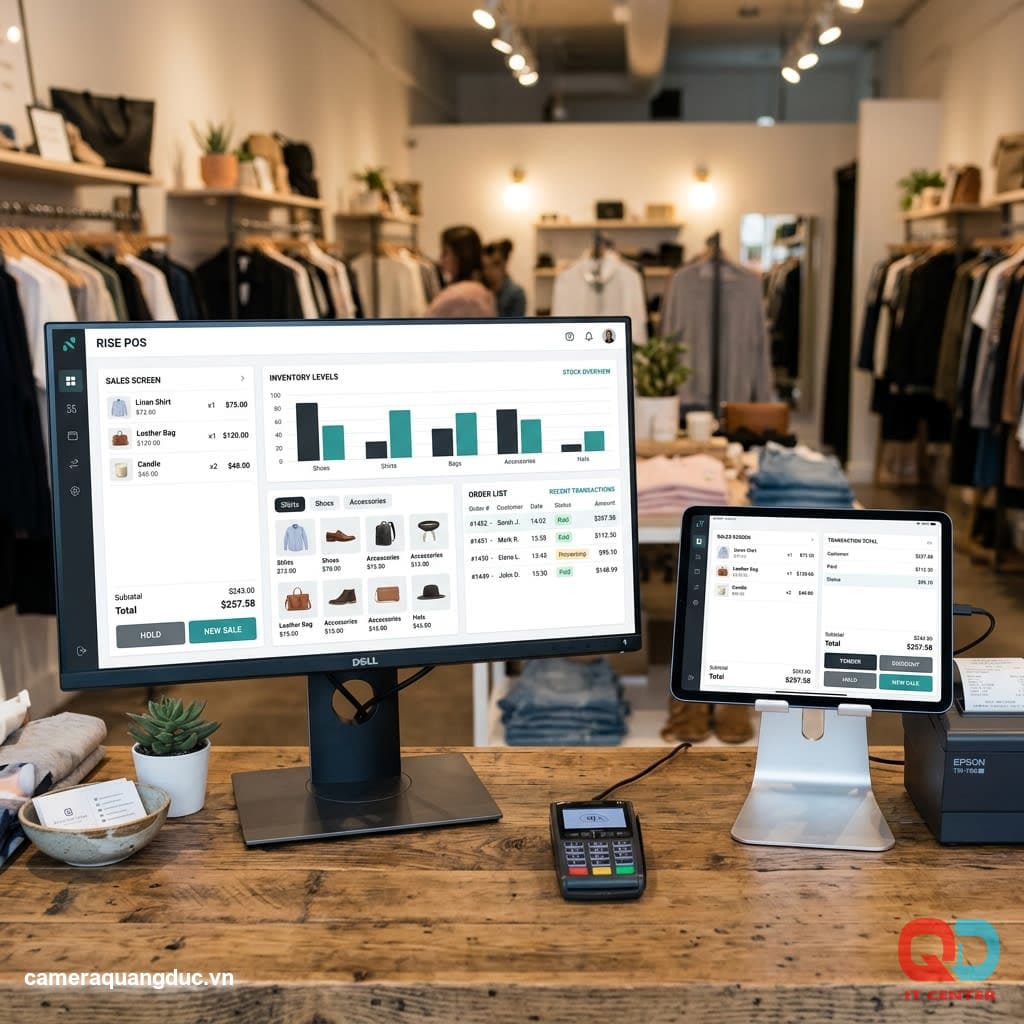 The POS software screen displays the sales and inventory management interface.
