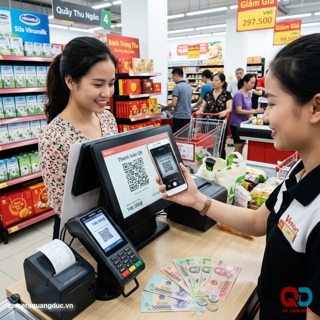 Customers pay by scanning the VietQR code at the cashier counter.