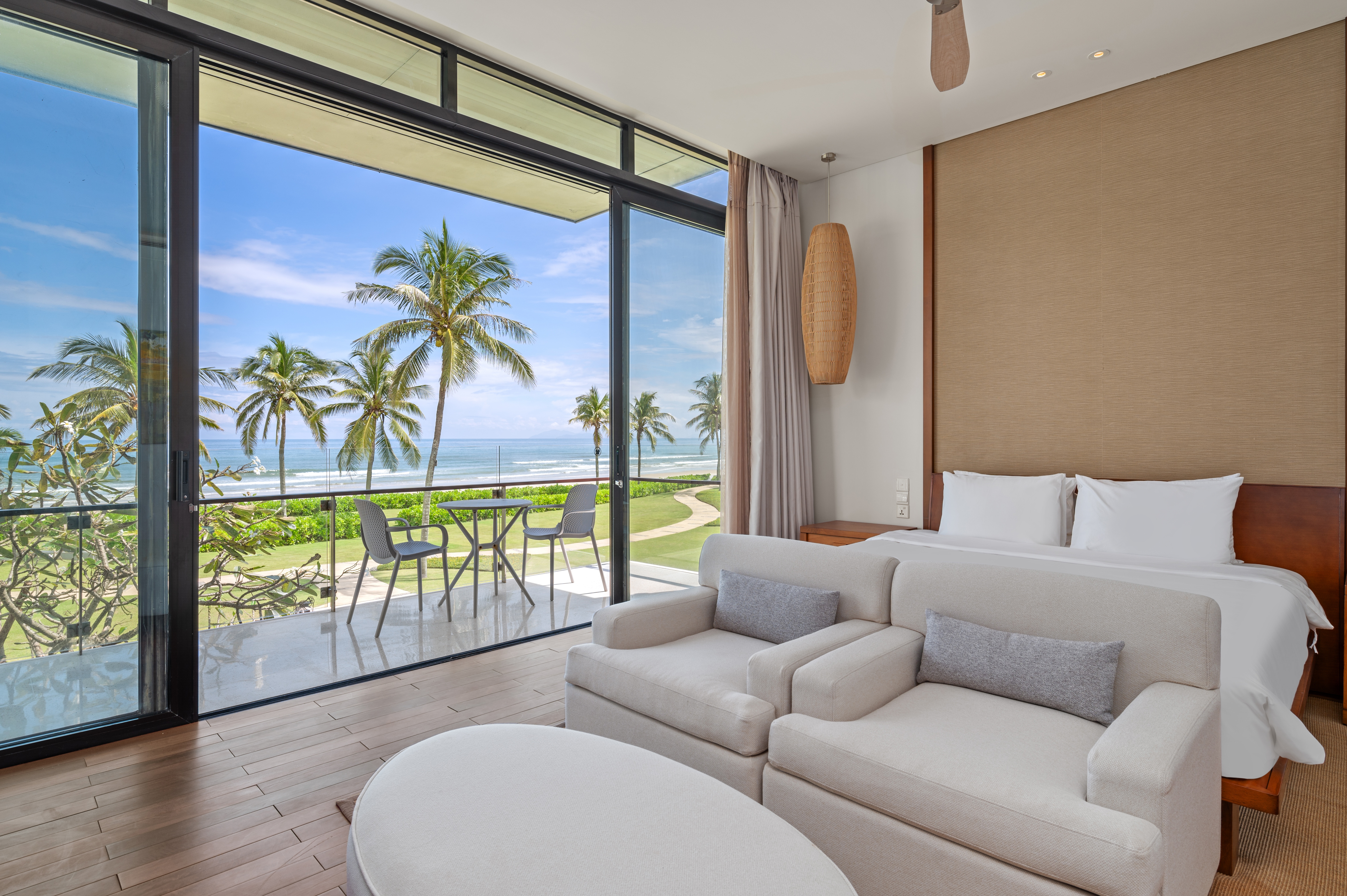 Luxury villa interior with tropical garden and ocean view in Da Nang