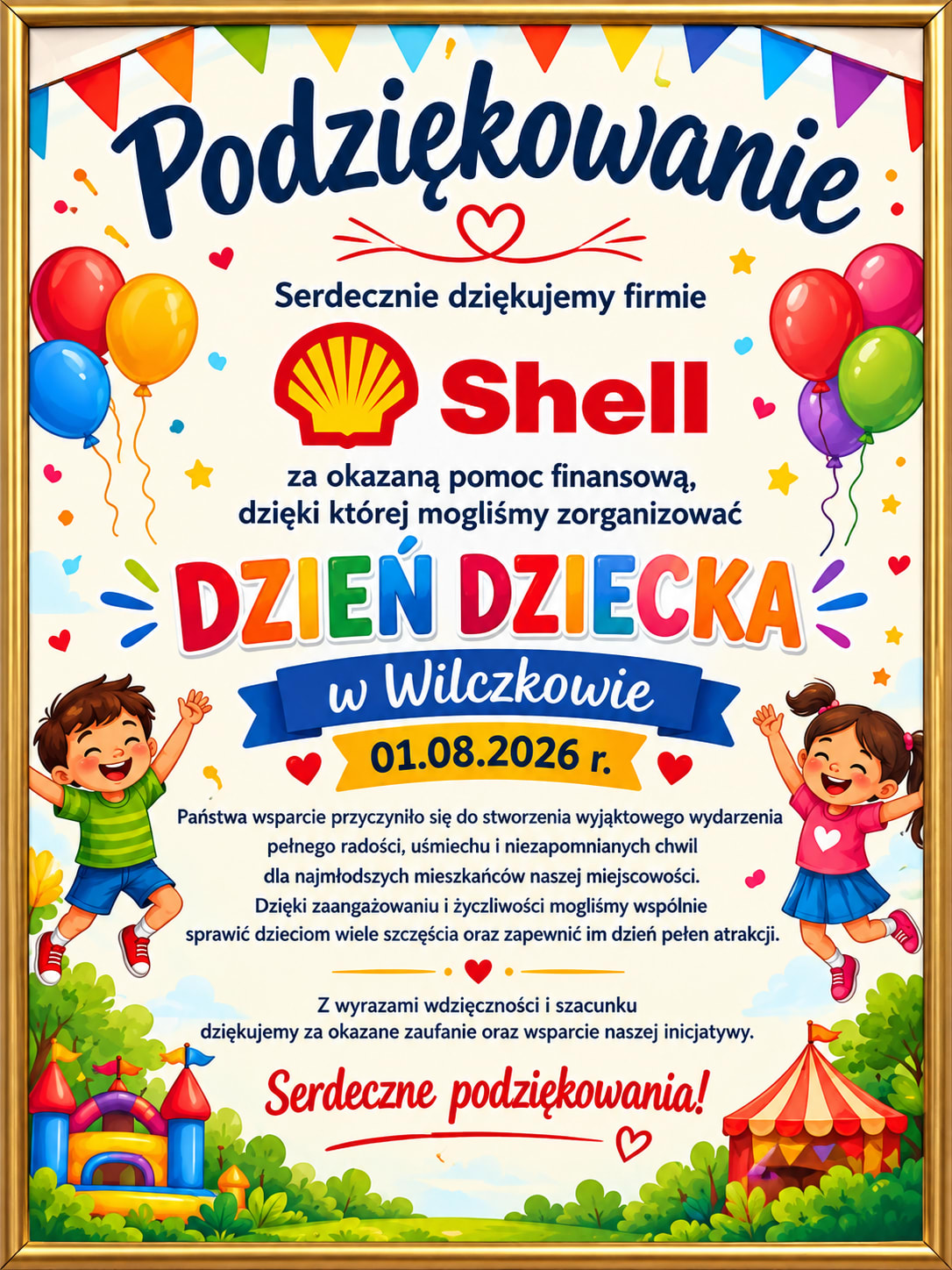 Podziękowanie za wsparcie Dnia Dziecka w Wilczkowie