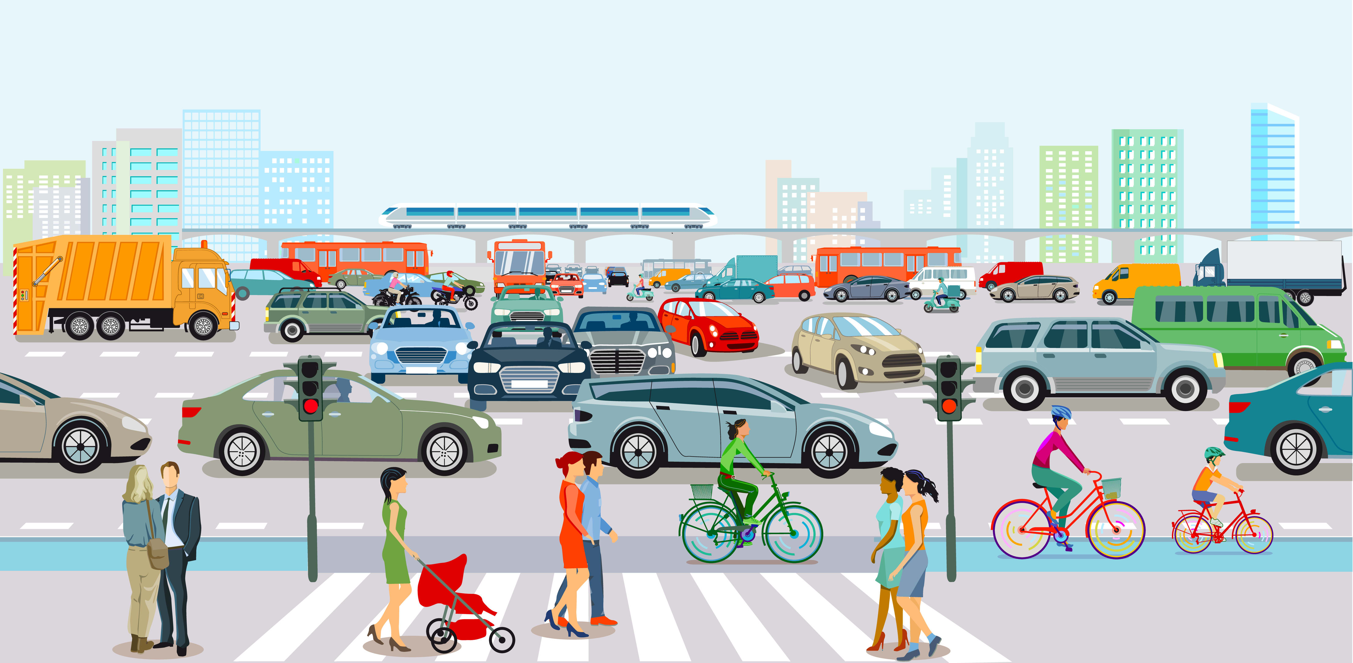 Many forms of travel including cars, bicycles, and walking on sidewalks.