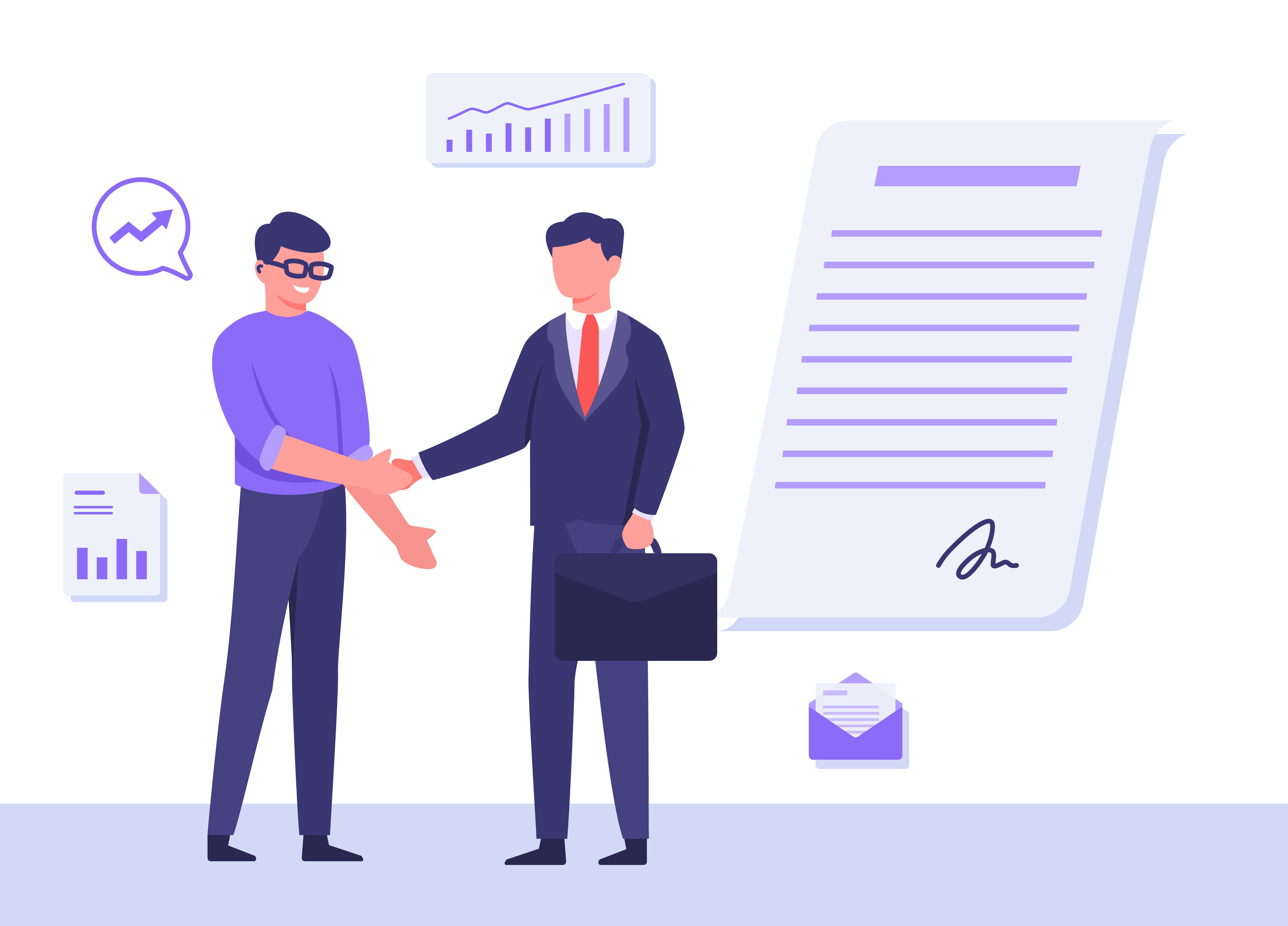 A businessman giving a client/individual a handshake for the signing of a contract, business deal or partnership, contract, or job offer agreement. 