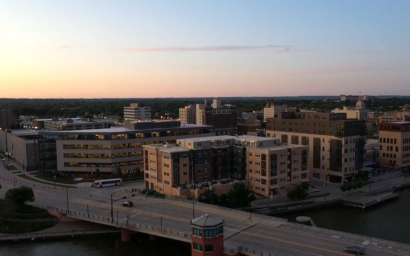 Drone view of downtown Green Bay, WI