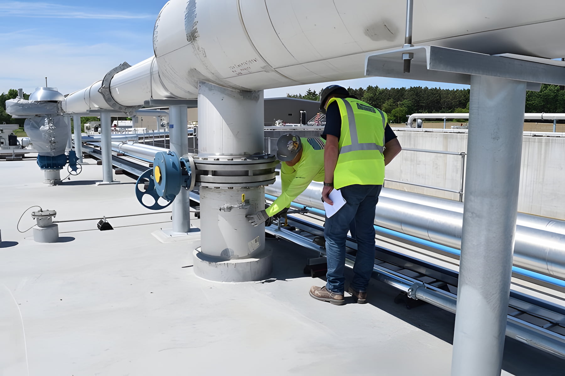 Two Hurckman employee inspecting piping of large biodigester