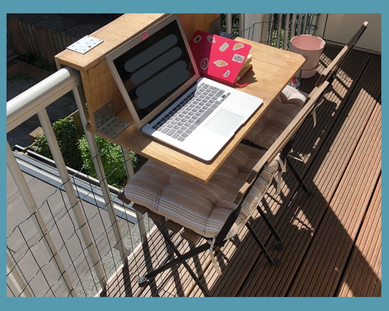 Set up a cute balcony desk workspace for guests to unwind
