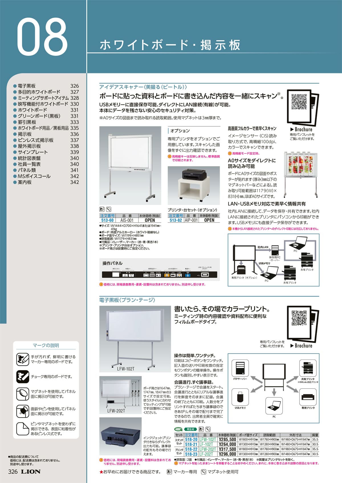 ライオン事務機 Lion カタログ P326 P327 ホワイトボード 掲示板 Hust