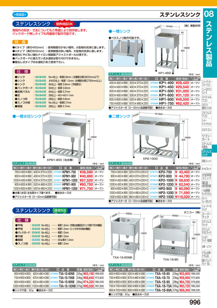 高質で安価 東製作所 1槽水切シンク 900 600 800 HPM1-900